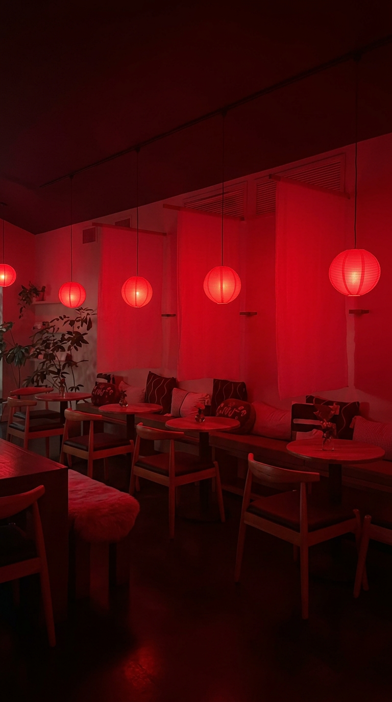Red-lit tea house with paper lanterns, banquette, and wooden chairs